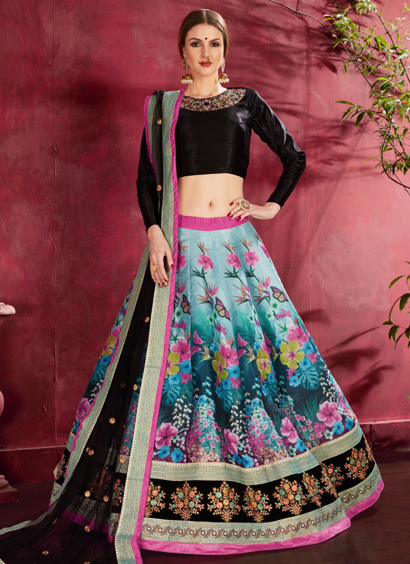 Black and Multi Color Heavy Banglori Silk Printed Lehenga Choli