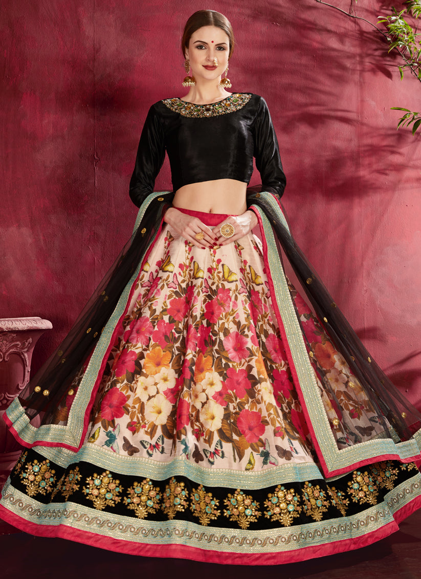 Black and Multi Color Heavy Banglori Silk Printed Lehenga Choli