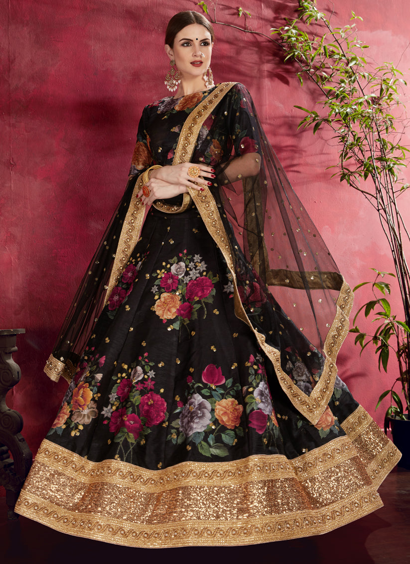 Black Heavy Banglori Silk Printed Lehenga Choli