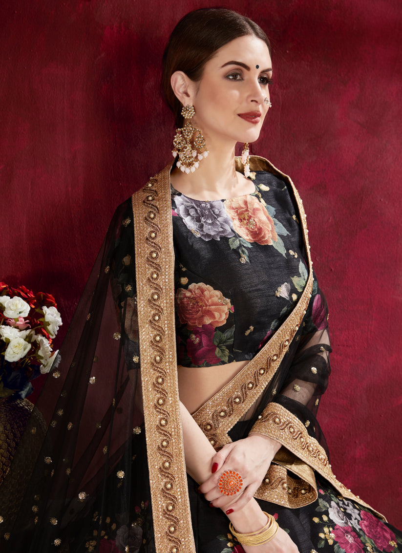 Black Heavy Banglori Silk Printed Lehenga Choli