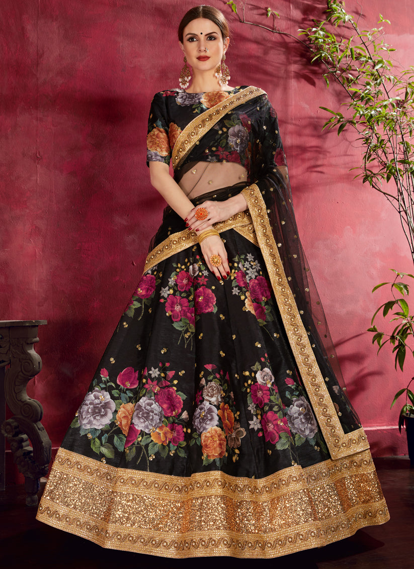 Black Heavy Banglori Silk Printed Lehenga Choli