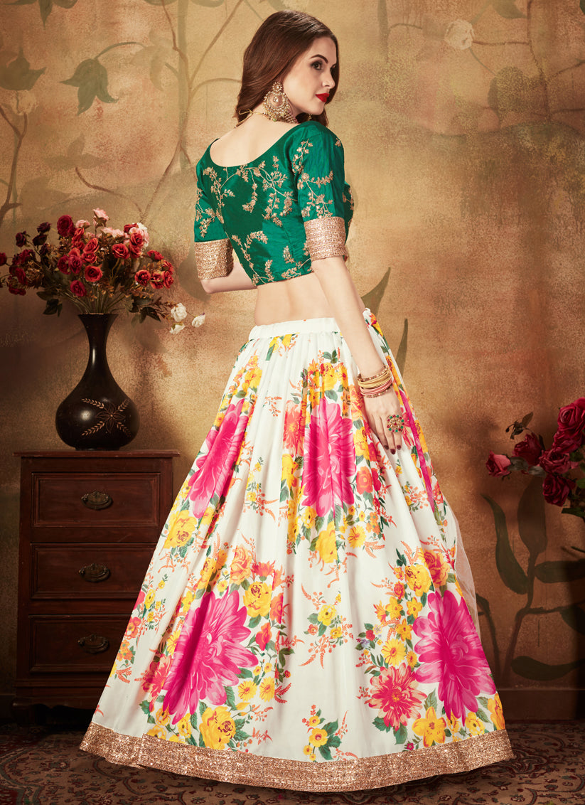 Off White and Green Organza Printed Wedding Lehenga Choli