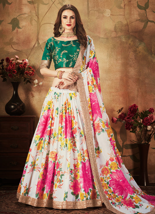 Off White and Green Organza Printed Wedding Lehenga Choli