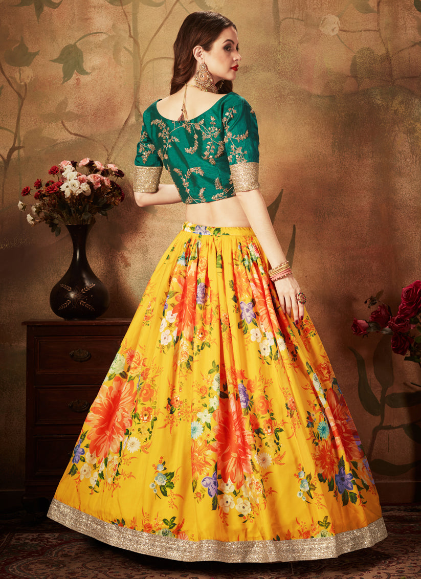 Yellow and Green Organza Printed Wedding Lehenga Choli