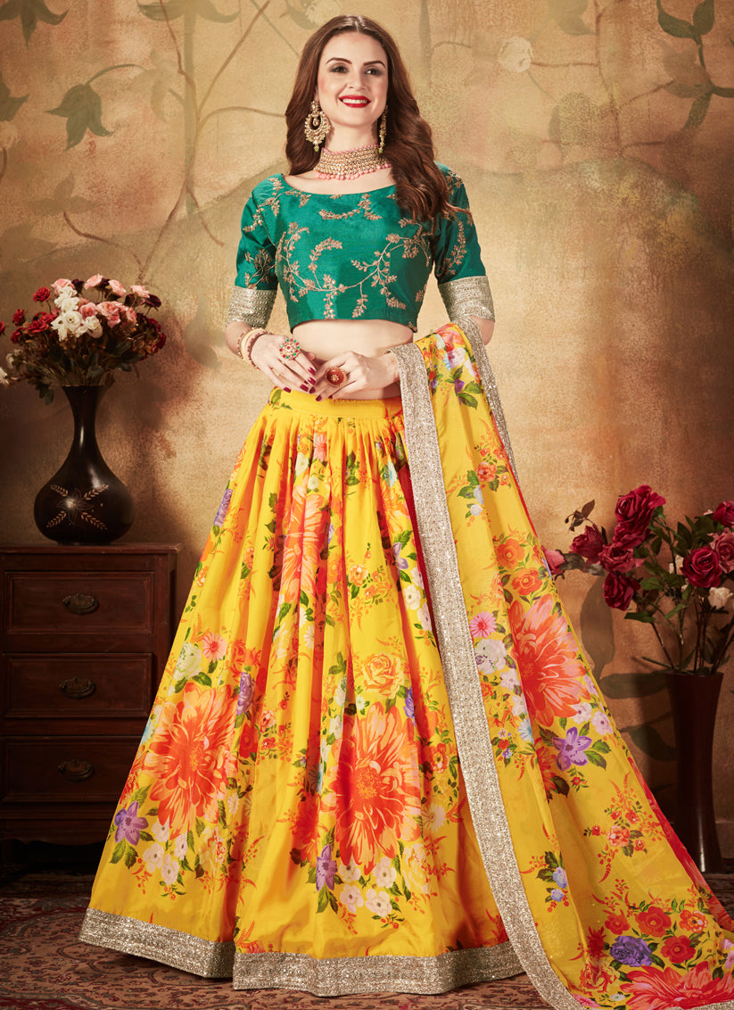 Yellow and Green Organza Printed Wedding Lehenga Choli