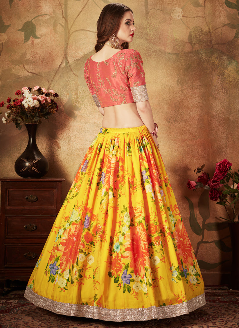 Yellow and Orange Organza Printed Wedding Lehenga Choli