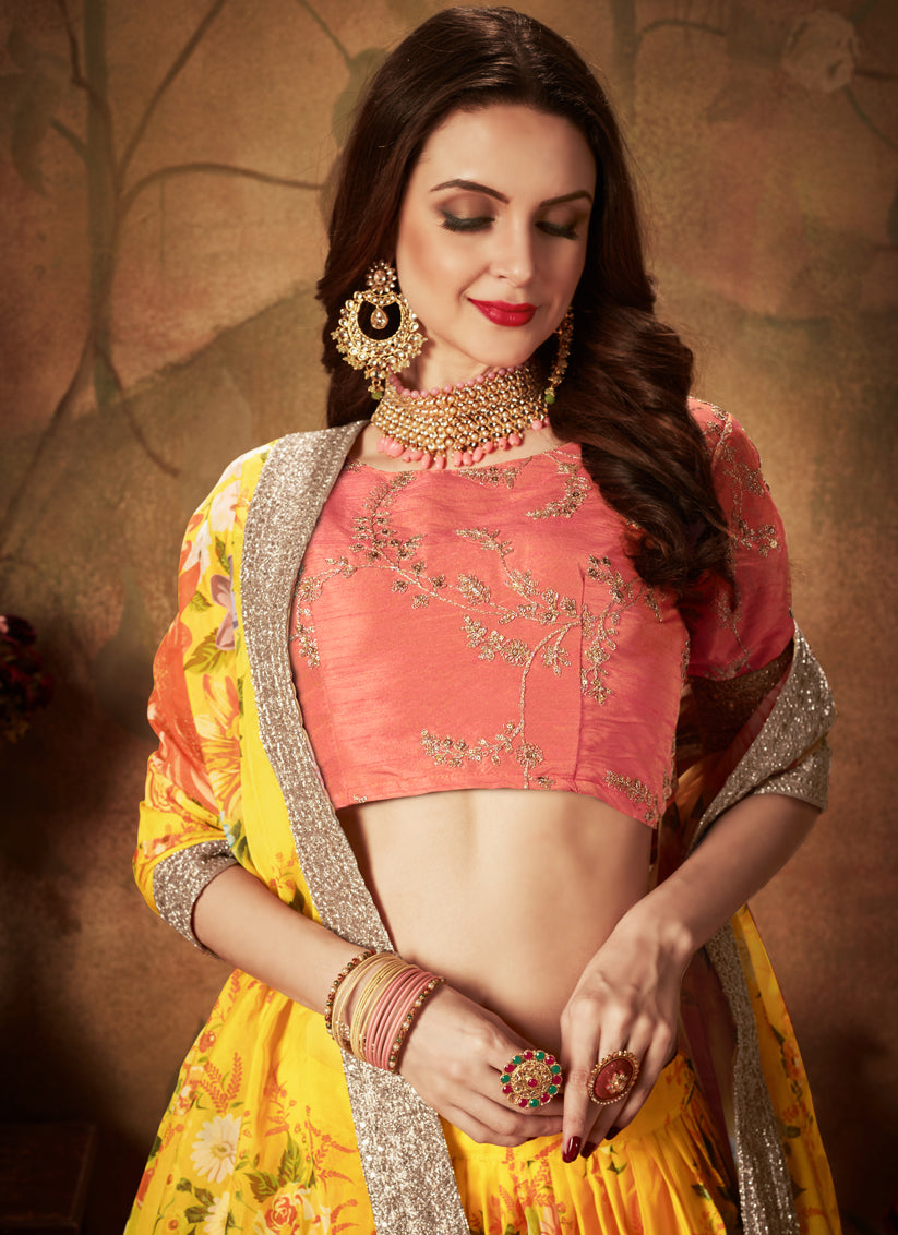 Yellow and Orange Organza Printed Wedding Lehenga Choli