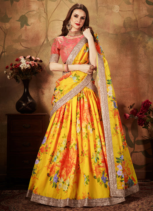 Yellow and Orange Organza Printed Wedding Lehenga Choli