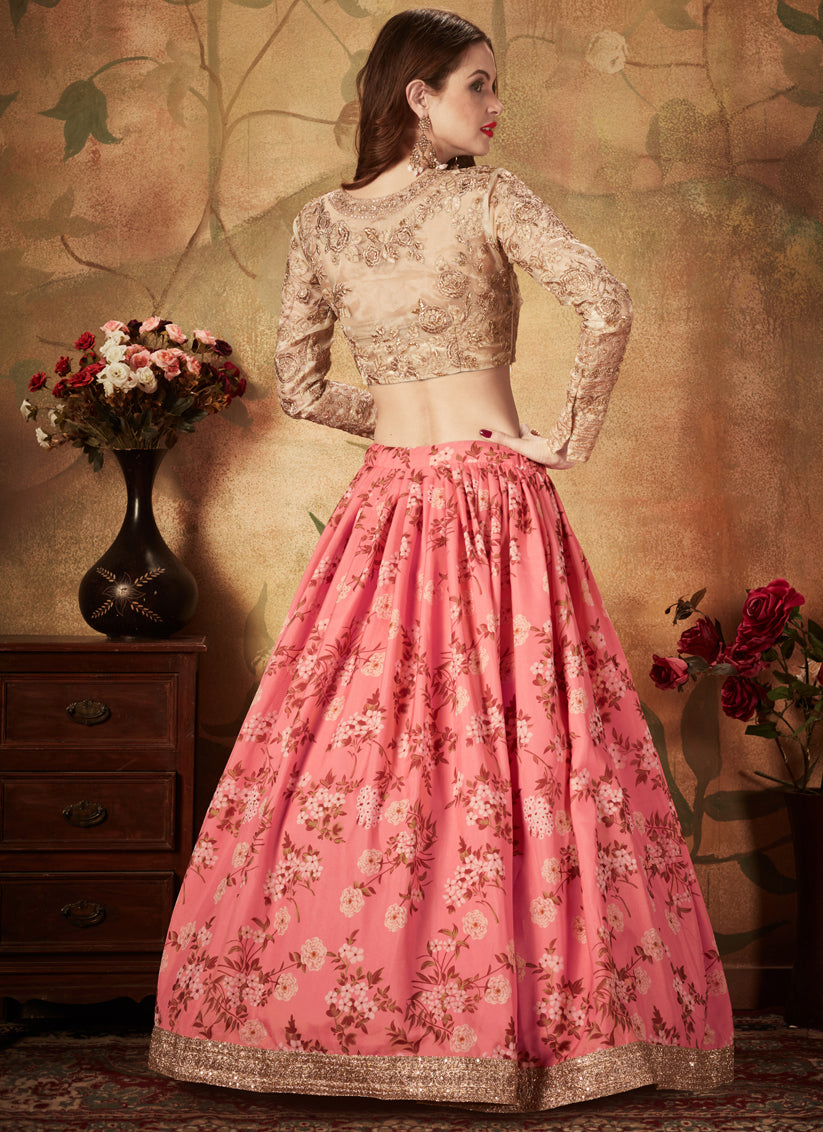 Pink and Beige Organza Printed Wedding Lehenga Choli