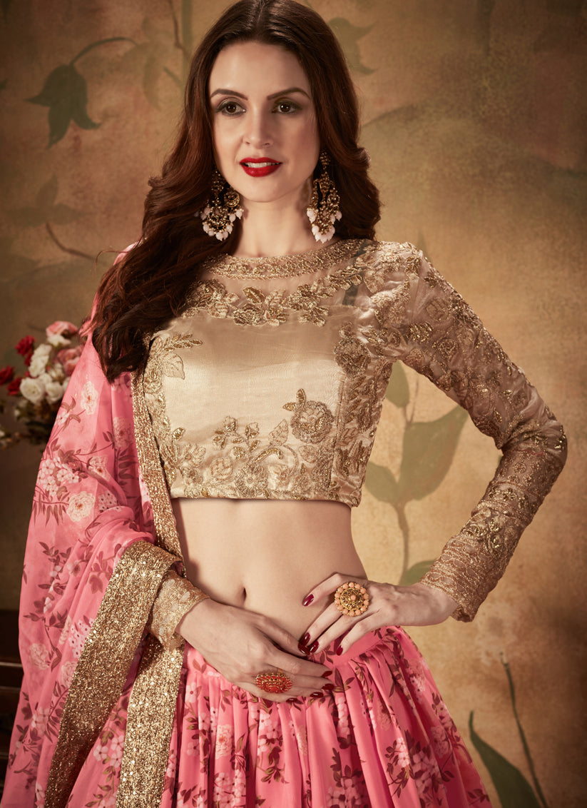 Pink and Beige Organza Printed Wedding Lehenga Choli