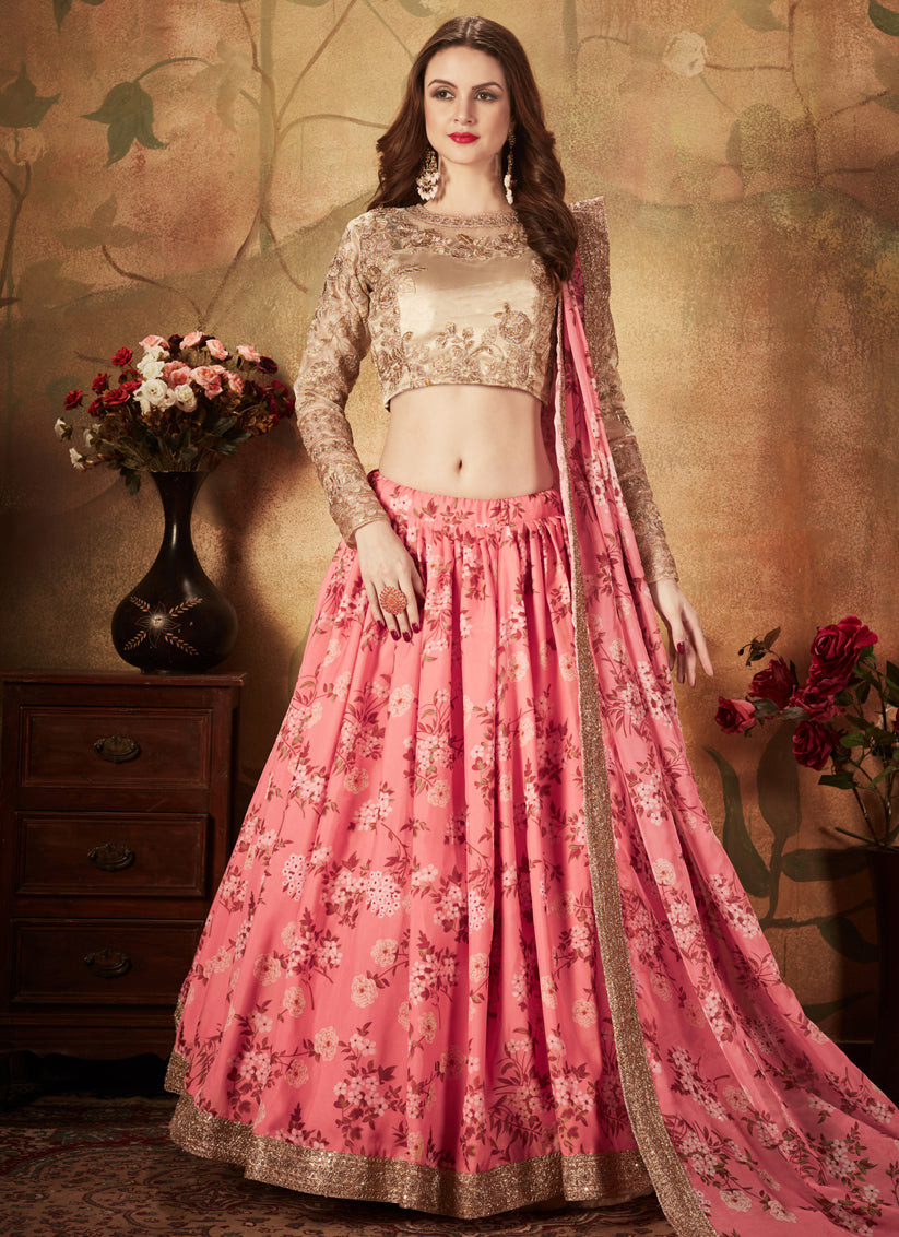 Pink and Beige Organza Printed Wedding Lehenga Choli