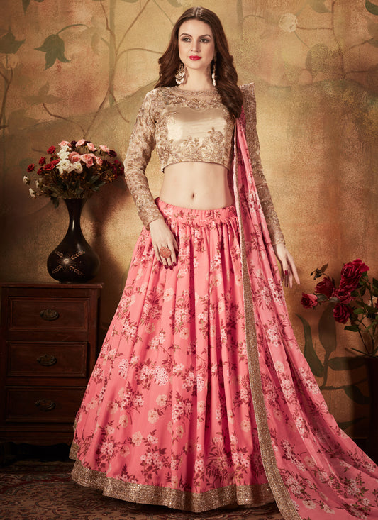 Pink and Beige Organza Printed Wedding Lehenga Choli