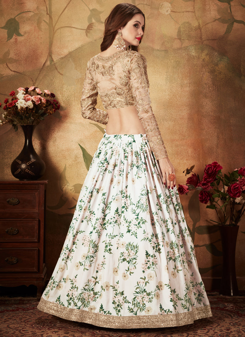 Off White and Beige Organza Printed Wedding Lehenga Choli