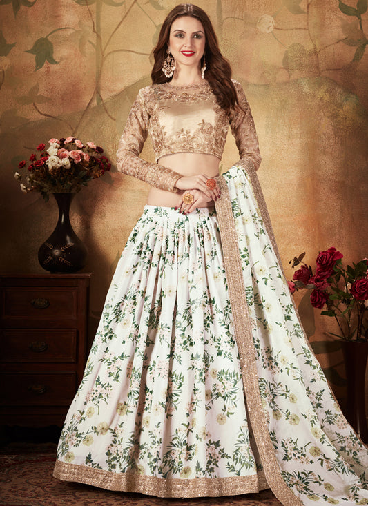 Off White and Beige Organza Printed Wedding Lehenga Choli