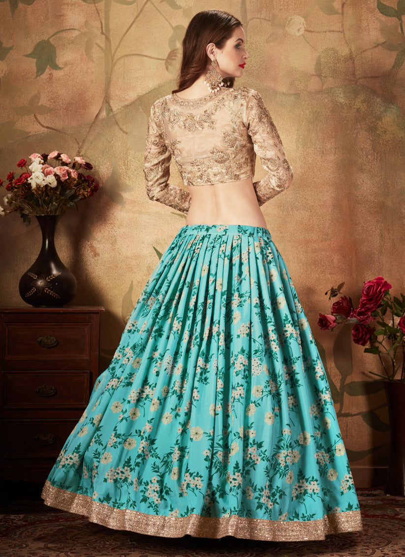 Sky Blue and Beige Organza Printed Wedding Lehenga Choli