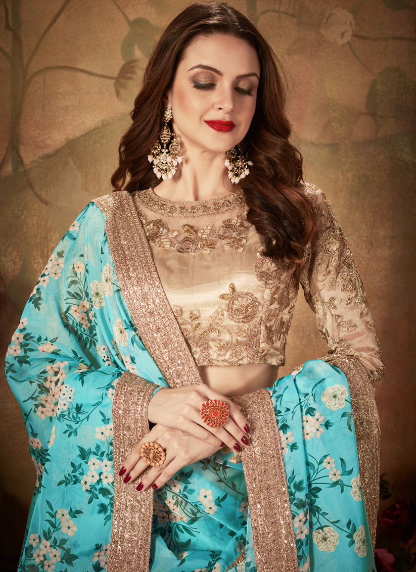 Sky Blue and Beige Organza Printed Wedding Lehenga Choli