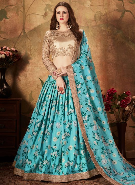 Sky Blue and Beige Organza Printed Wedding Lehenga Choli