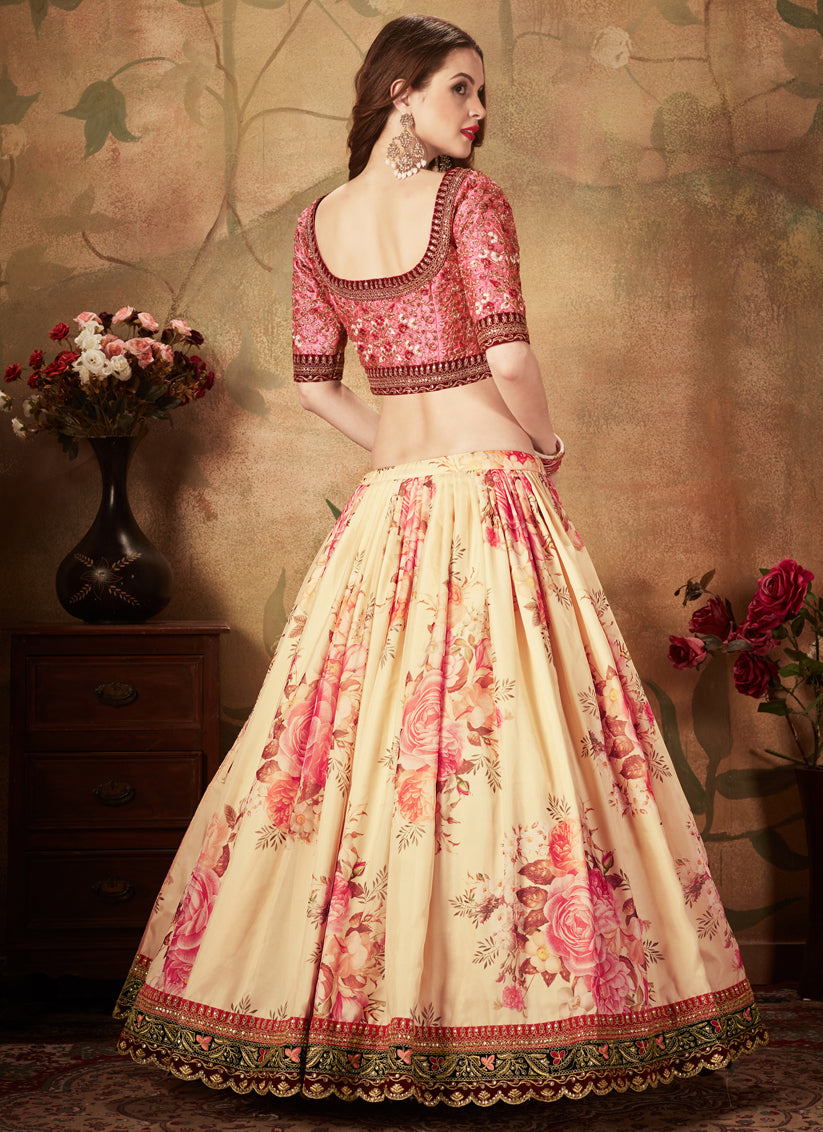 Beige and Peach Organza Printed Wedding Lehenga Choli