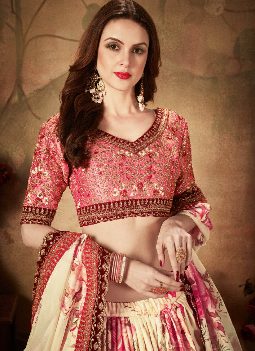 Beige and Peach Organza Printed Wedding Lehenga Choli