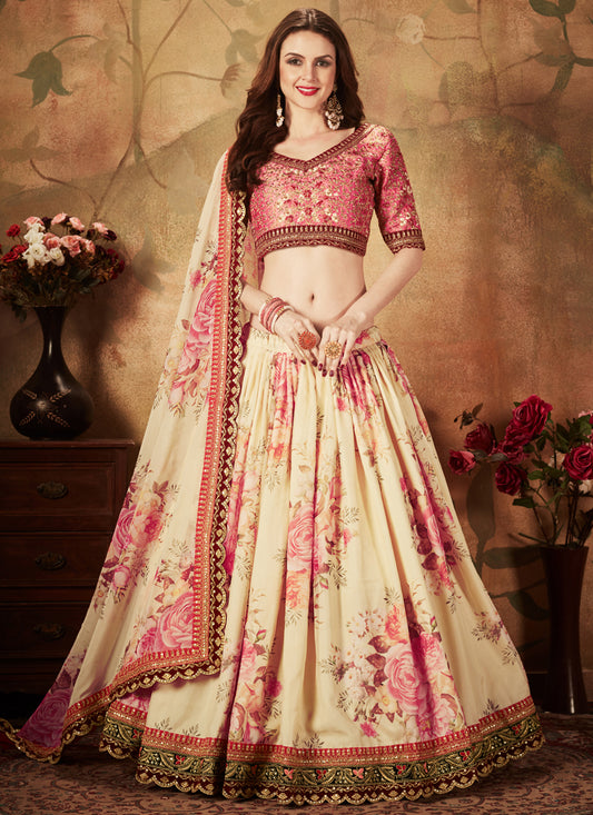 Beige and Peach Organza Printed Wedding Lehenga Choli