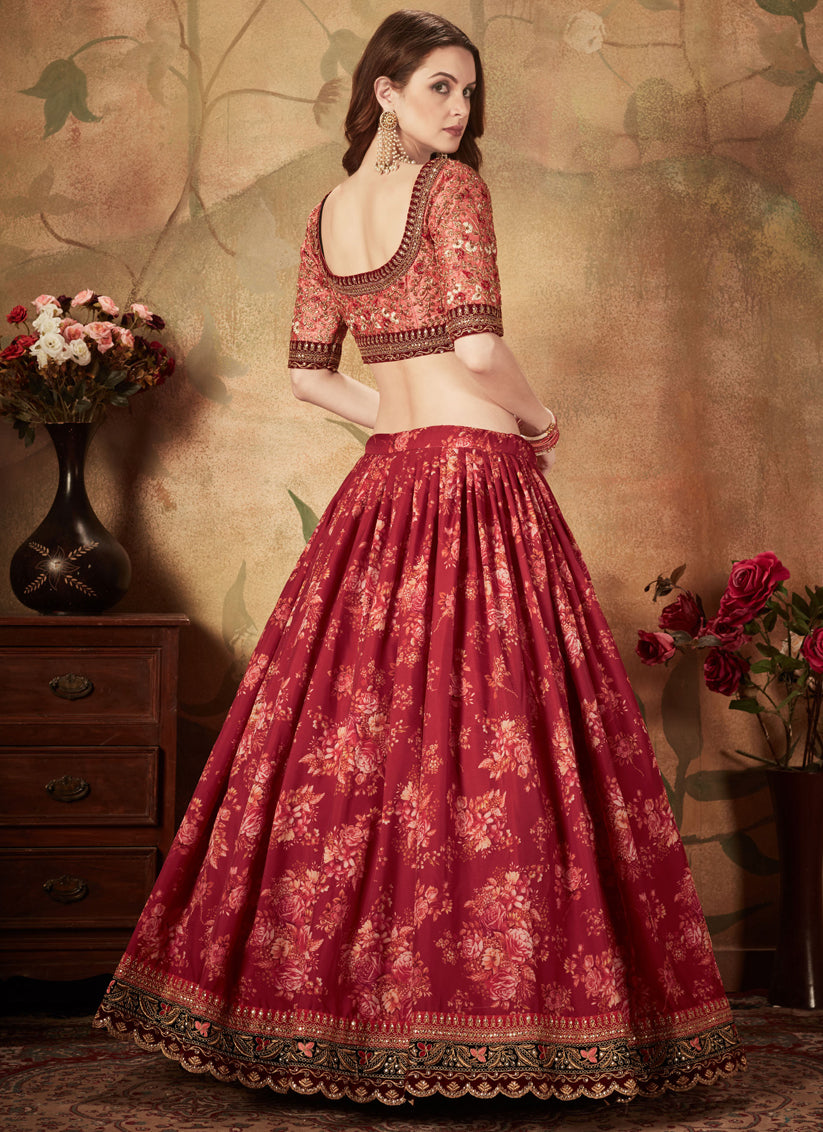 Maroon and Peach Organza Printed Wedding Lehenga Choli