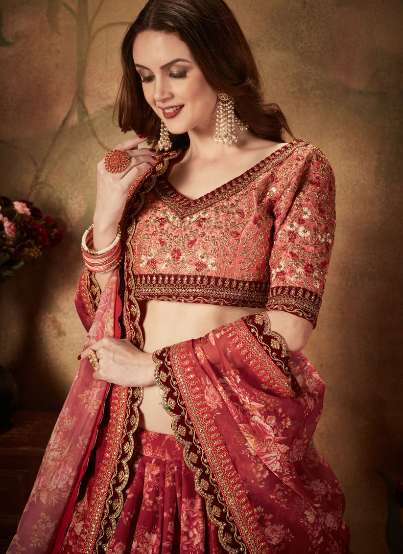 Maroon and Peach Organza Printed Wedding Lehenga Choli