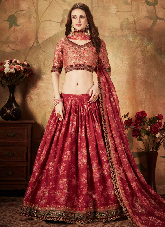 Maroon and Peach Organza Printed Wedding Lehenga Choli