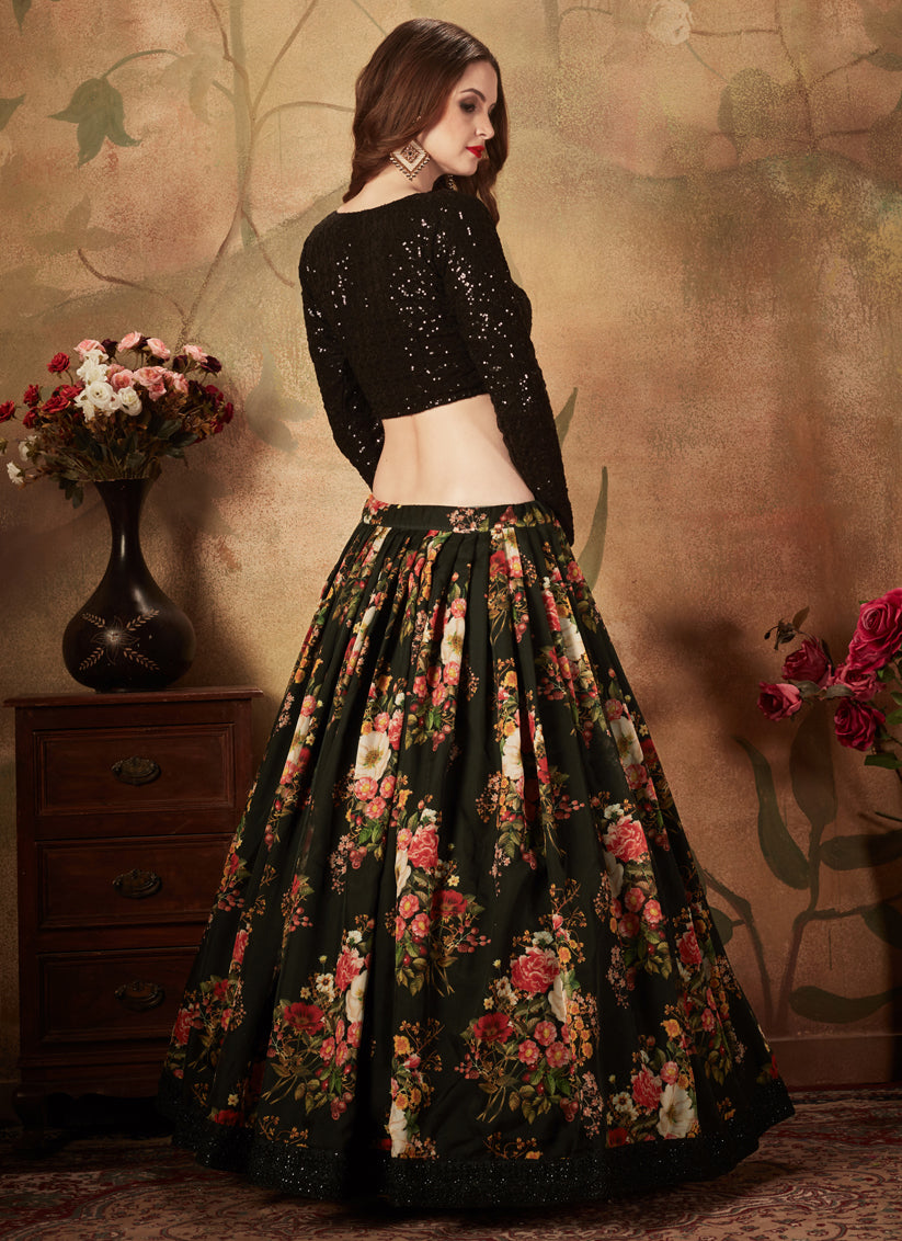 Black Organza Printed Wedding Lehenga Choli