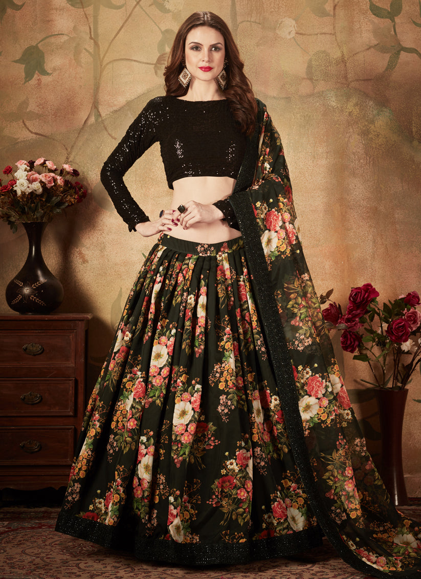 Black Organza Printed Wedding Lehenga Choli