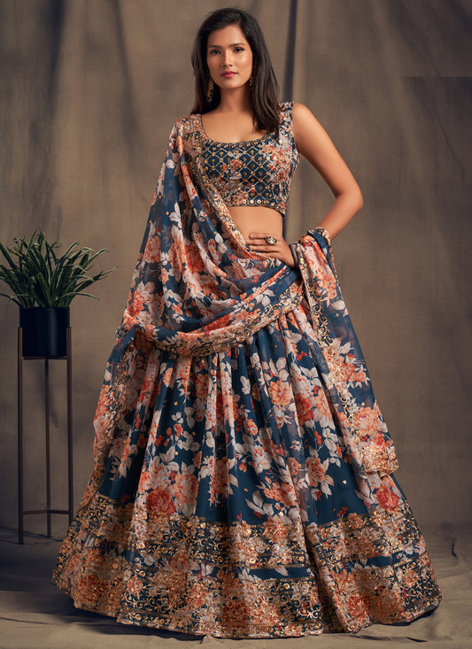 Dove Blue Organza Embroidered Designer Lehenga Choli