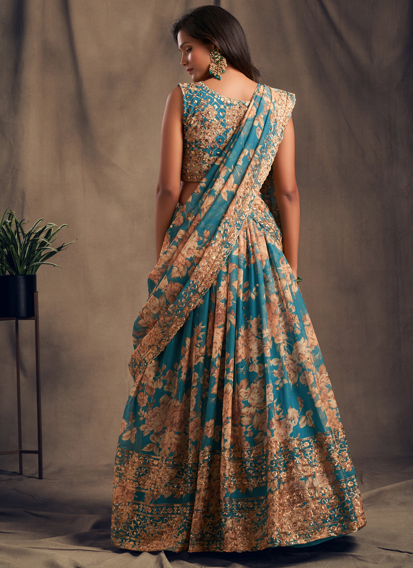 Teal Blue Organza Embroidered Designer Lehenga Choli