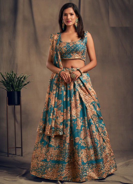 Teal Blue Organza Embroidered Designer Lehenga Choli