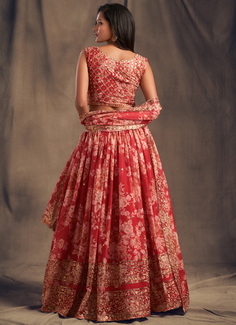 Red Organza Embroidered Designer Lehenga Choli