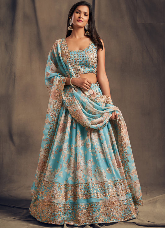 Sky Blue Organza Embroidered Designer Lehenga Choli