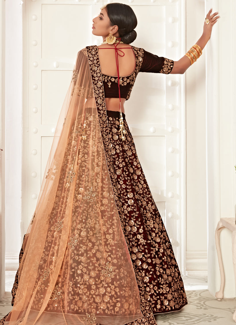 Maroon Velvet Embroidered Bridal Lehenga Choli