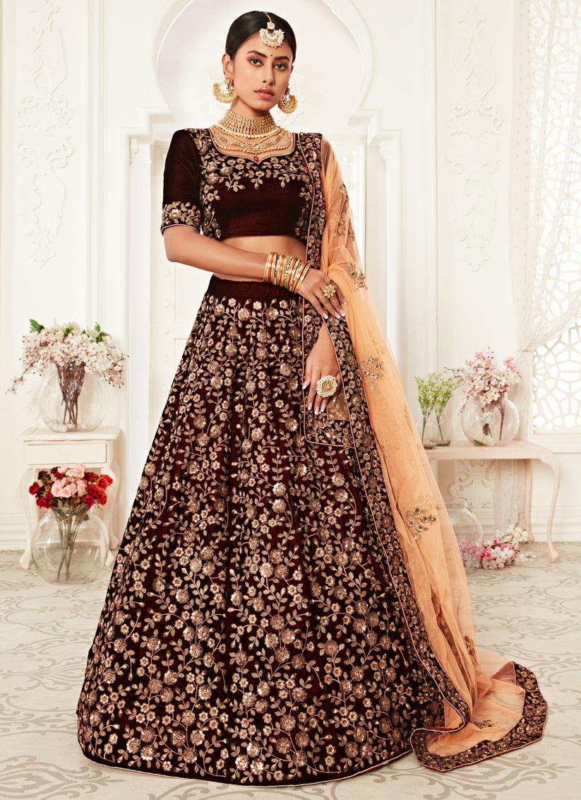 Maroon Velvet Embroidered Bridal Lehenga Choli