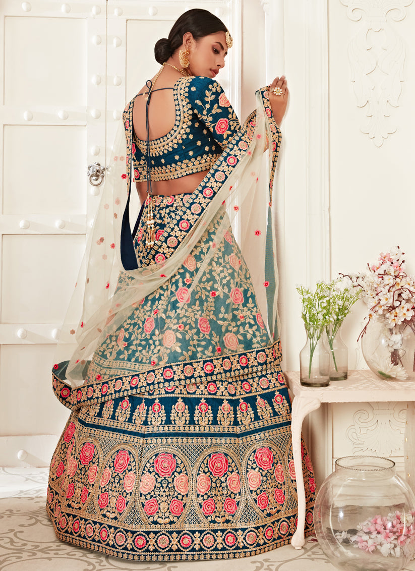 Blue Slub Silk Embroidered Bridal Lehenga Choli