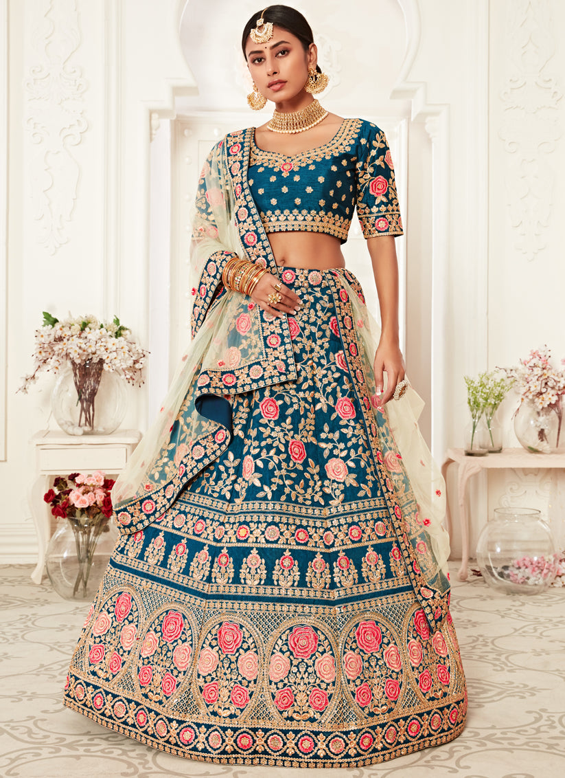 Blue Slub Silk Embroidered Bridal Lehenga Choli