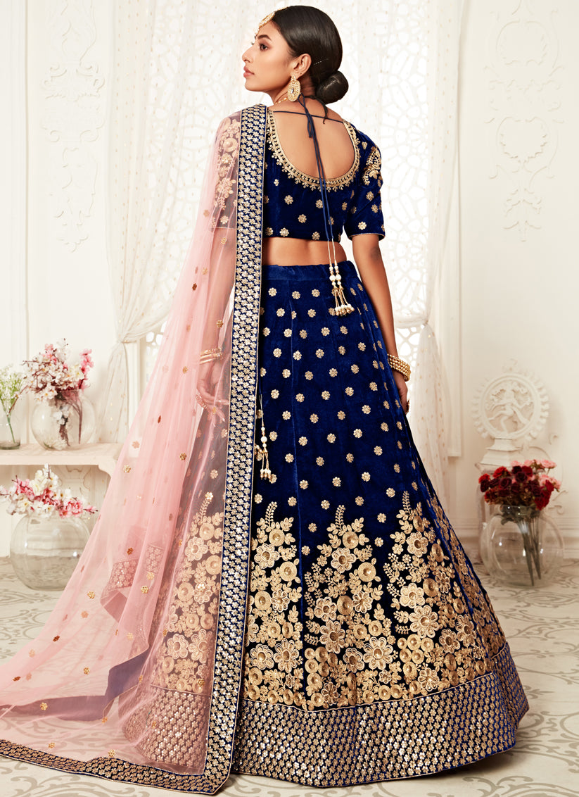 Navy Blue Velvet Embroidered Bridal Lehenga Choli