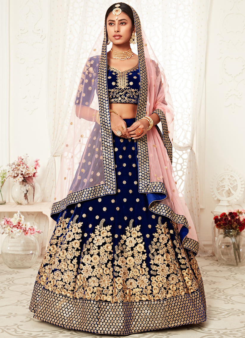 Navy Blue Velvet Embroidered Bridal Lehenga Choli