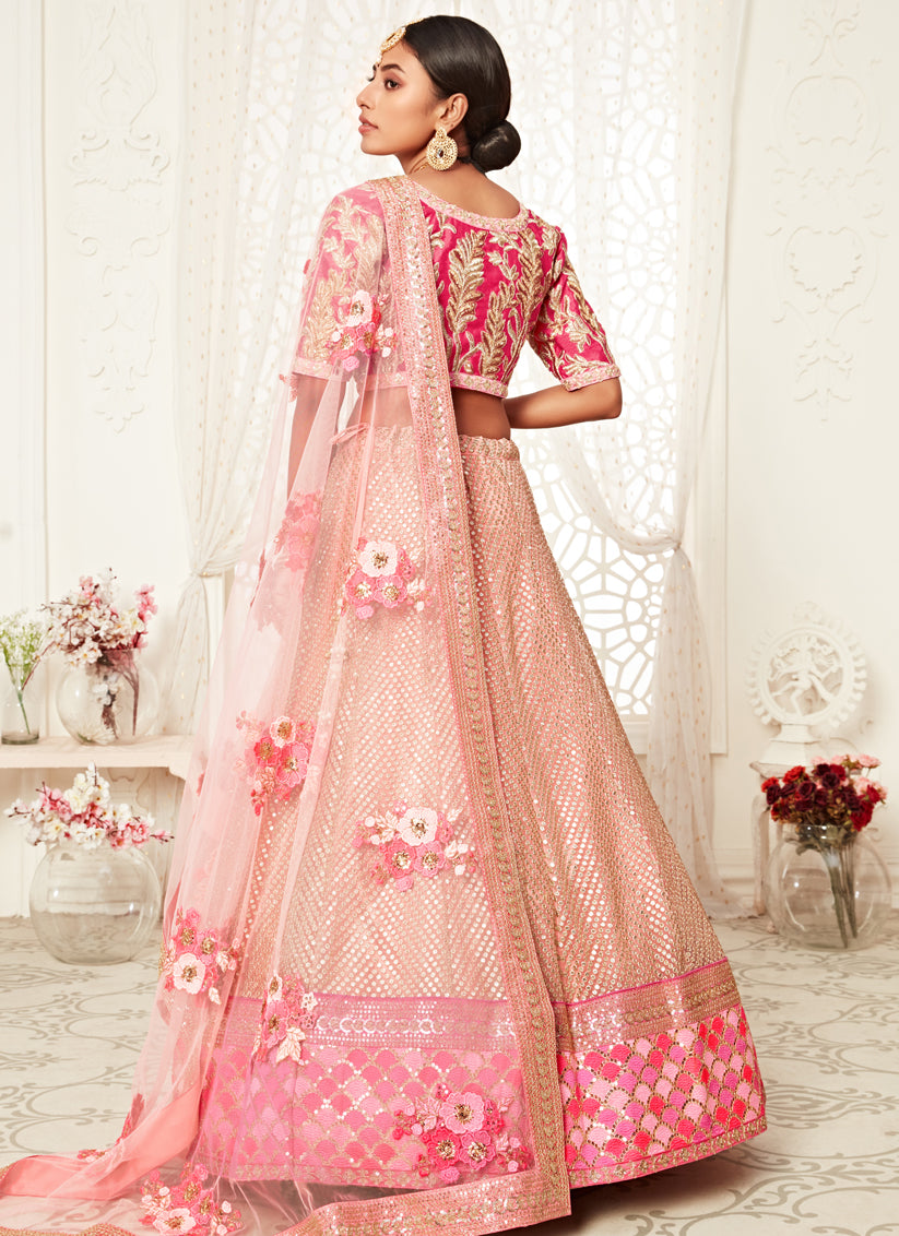 Pink Soft Net Embroidered Bridal Lehenga Choli