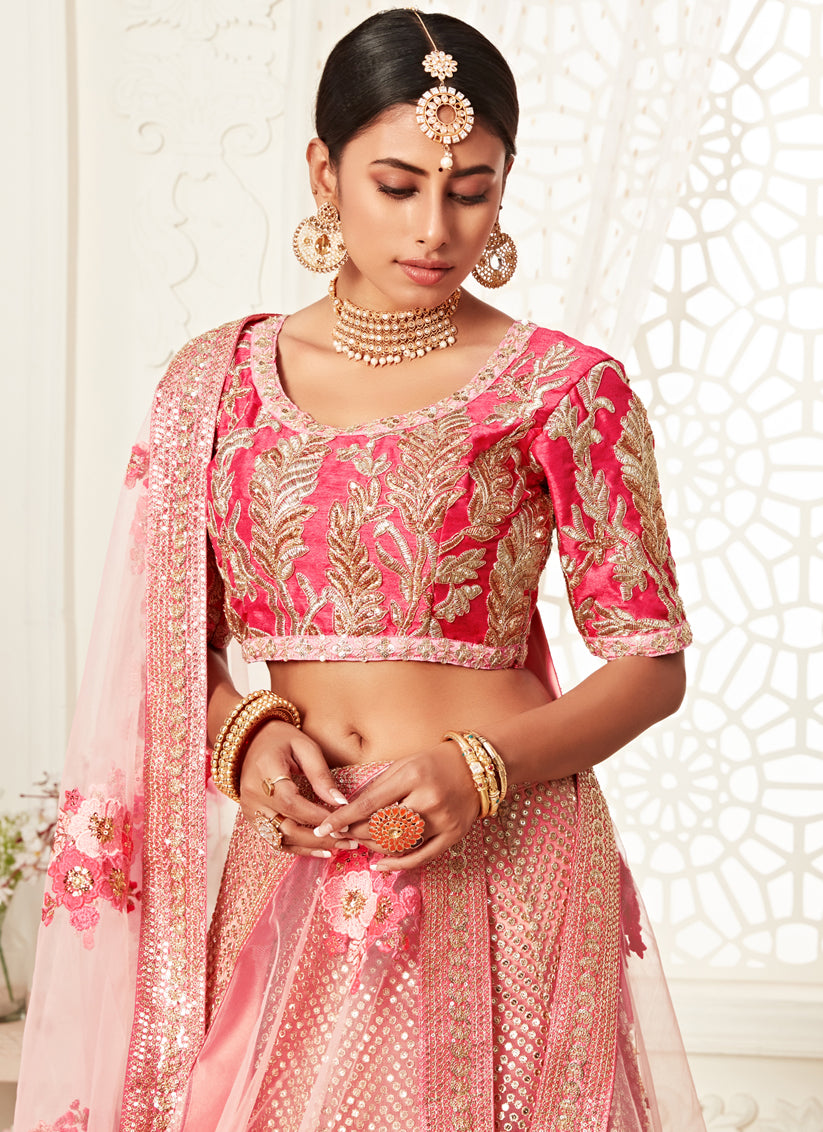 Pink Soft Net Embroidered Bridal Lehenga Choli