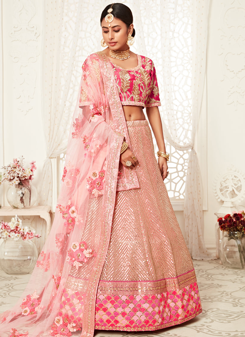 Pink Soft Net Embroidered Bridal Lehenga Choli