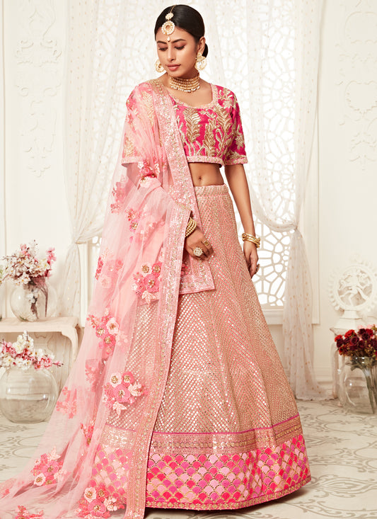 Pink Soft Net Embroidered Bridal Lehenga Choli