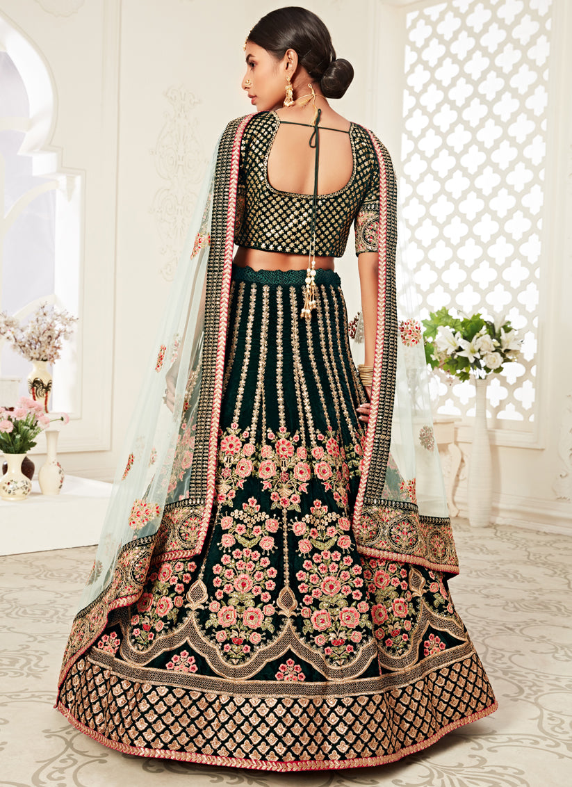 Green Velvet Embroidered Bridal Lehenga Choli