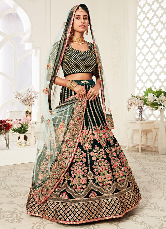 Green Velvet Embroidered Bridal Lehenga Choli