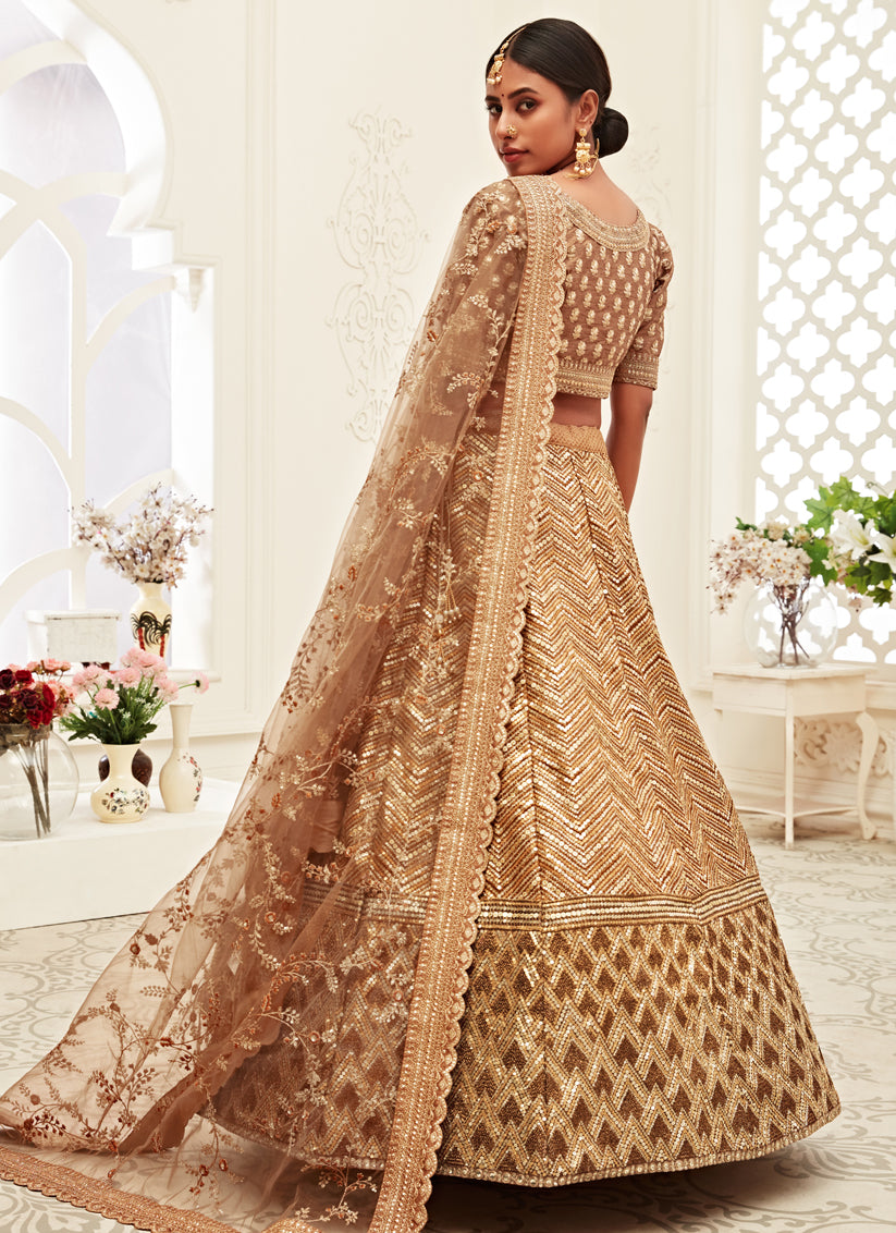 Brown Slub Silk Embroidered Bridal Lehenga Choli