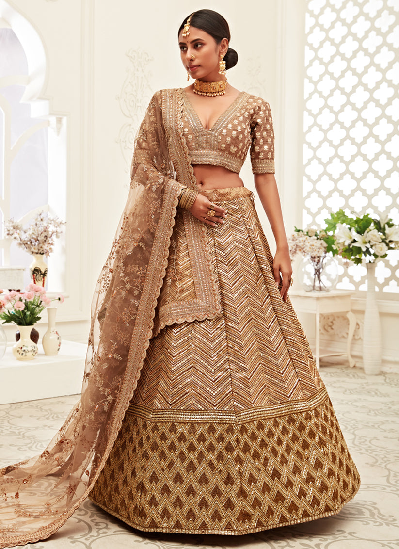 Brown Slub Silk Embroidered Bridal Lehenga Choli