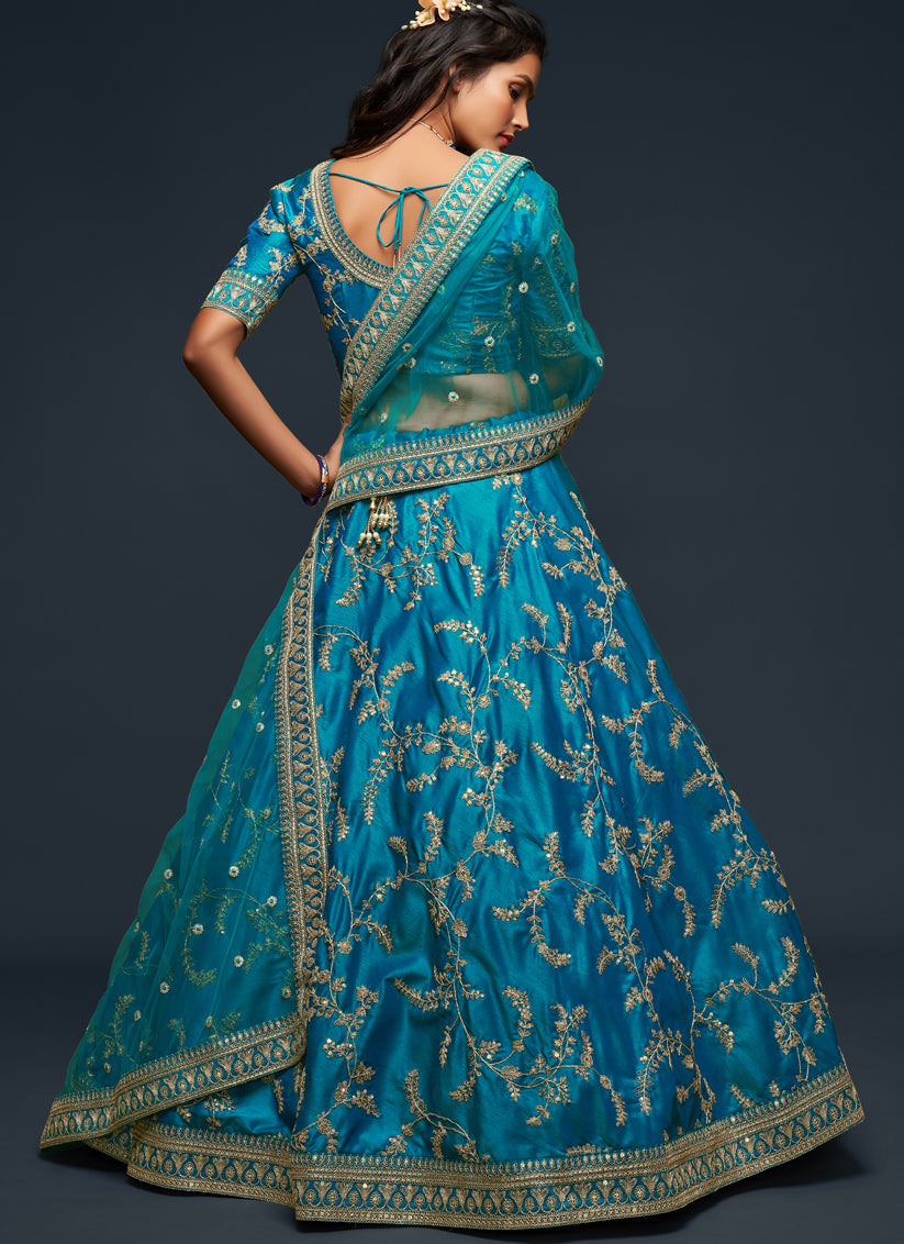 Teal Blue Art Silk Wedding Lehenga Choli