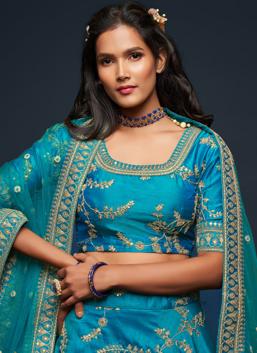 Teal Blue Art Silk Wedding Lehenga Choli